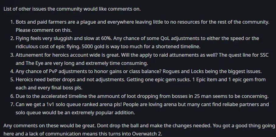 TBC Anniversary List of other issues the community would like comments on